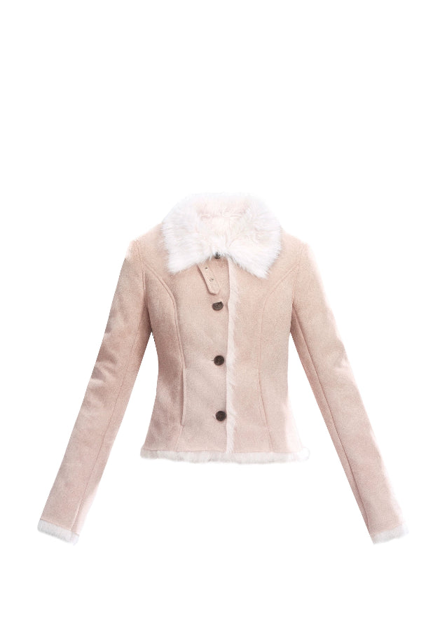 Fragileheart suede coat, faux fur jacket, winter Korean fashion, luxury feminine outerwear, plush shearling coat, quiet luxury womenswear, pastel noir aesthetic, elegant winter outfit, soft beige jacket, warm faux suede coat, K-fashion 2025, cozy luxury fashion, refined feminine look, modern winter style
