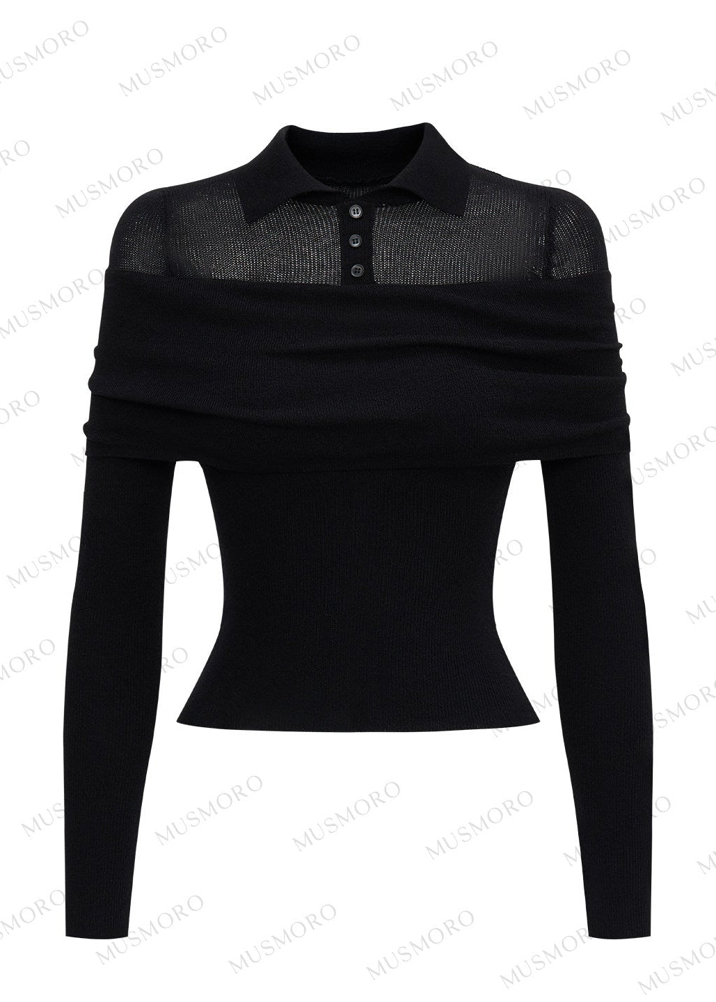 Black slim-fit polo knit top with asymmetric foldover shoulder design