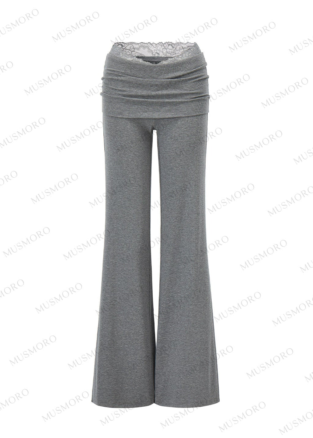 Grey lace-trim flare pants with ruched fold-over waistband