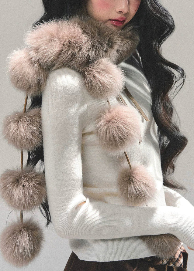 faux fox fur scarf women, pom pom fur collar, winter warm fluffy scarf, french style fur scarf, cold proof plush neck warmer, imitation fox scarf women, fw25 winter accessories, soft girl fur wrap, warm faux fur collar
