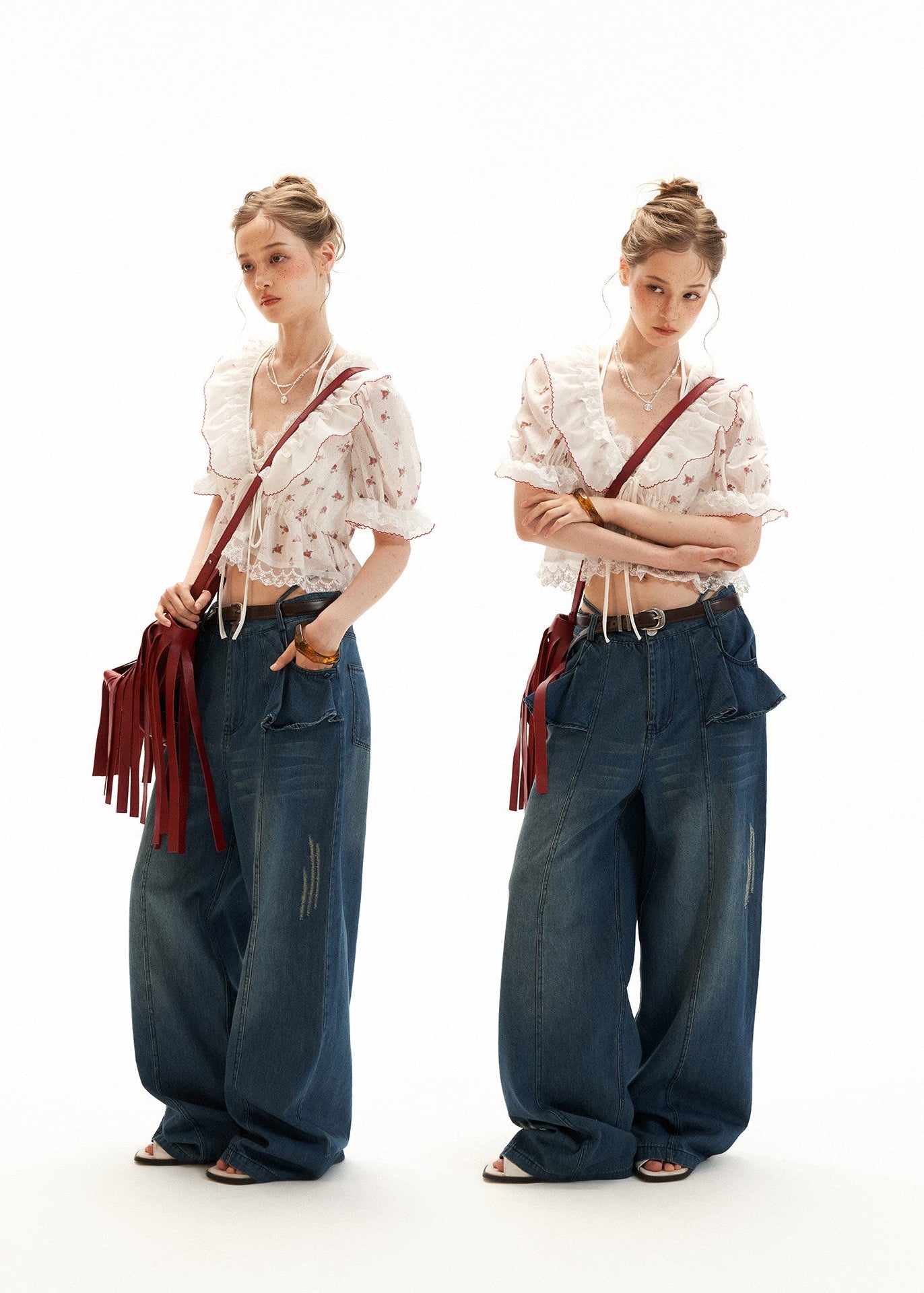 Sweet-spicy floral blouse styled with baggy denim