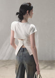 oakmoo top, white slim t-shirt, antibacterial cotton top, korean minimal fashion, short sleeve summer top, waist cinching t-shirt, slim fit white tee, quiet luxury basic top, everyday summer top, korean casual outfit, cotton blend t-shirt women, minimalist white top