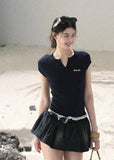 aomalm top, lace hem baby tee, faux layered t-shirt, korean feminine top, american casual top, waist cinching tee, slim summer top, letter embroidered top, lace trim t-shirt, commuter summer top, cropped fitted tee, feminine korean fashion