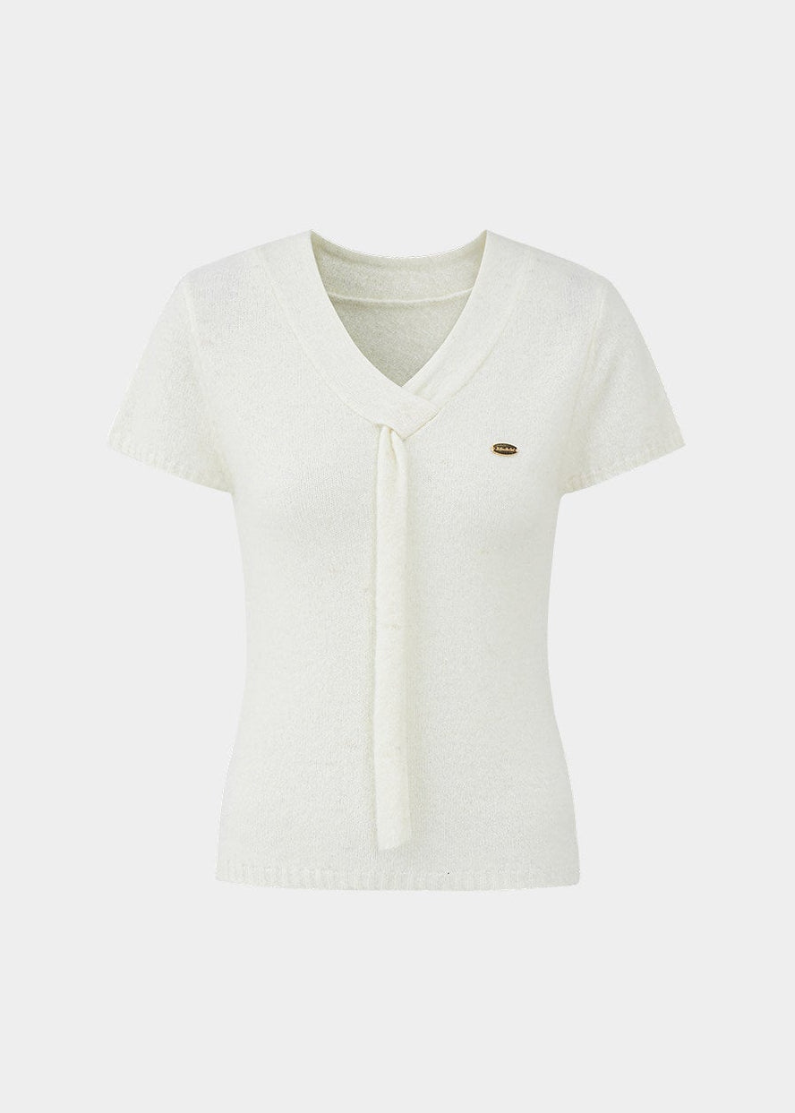 LaluneDuCiel ribbon knit top women, Korean feminine tie waist sweater, romantic soft knit blouse women, elegant Korean style sweater top, gentle spring knitwear women, chic Korean fashion knit top, lightweight feminine sweater Korean style, versatile knit blouse women, Korean aesthetic soft sweater