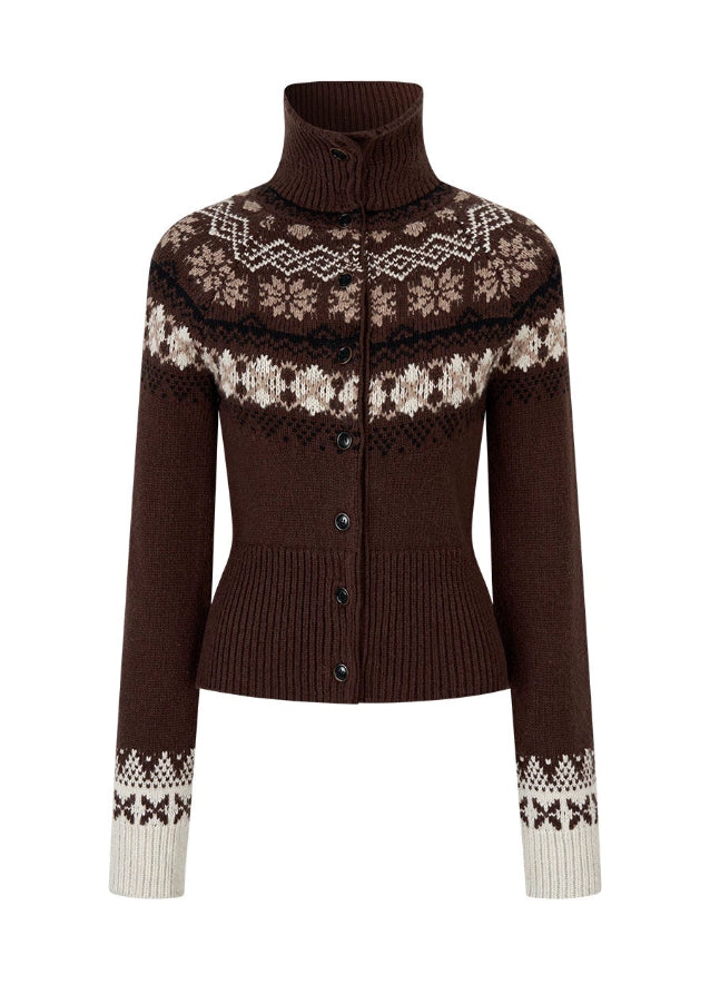 VIAPITTI turtleneck knit jacket, Fair Isle zip cardigan, heavy wool winter sweater, edgy Korean fashion, autumn winter knitwear, Nordic pattern turtleneck, industrial street style, warm wool jacket women, K-fashion 2025, thick knit cardigan, winter streetwear outfit, patterned zip sweater, urban cold-season clothing
