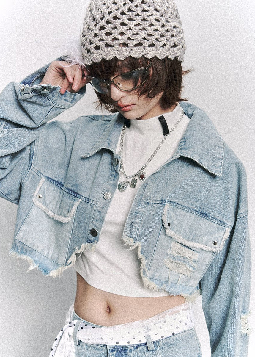 cropped denim jacket women, distressed denim jacket, grunge outfit women, edgy outfit women, street style jacket, punk style clothing, y2k edgy outfit, alternative fashion women, cropped jean jacket, raw edge denim jacket, urban streetwear women, vintage washed jacket, short denim jacket women, rebellious fashion outfit, underground fashion women, statement denim jacket, casual street outfit, modern grunge style, edgy streetwear women, distressed cropped jacket