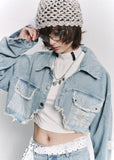cropped denim jacket women, distressed denim jacket, grunge outfit women, edgy outfit women, street style jacket, punk style clothing, y2k edgy outfit, alternative fashion women, cropped jean jacket, raw edge denim jacket, urban streetwear women, vintage washed jacket, short denim jacket women, rebellious fashion outfit, underground fashion women, statement denim jacket, casual street outfit, modern grunge style, edgy streetwear women, distressed cropped jacket
