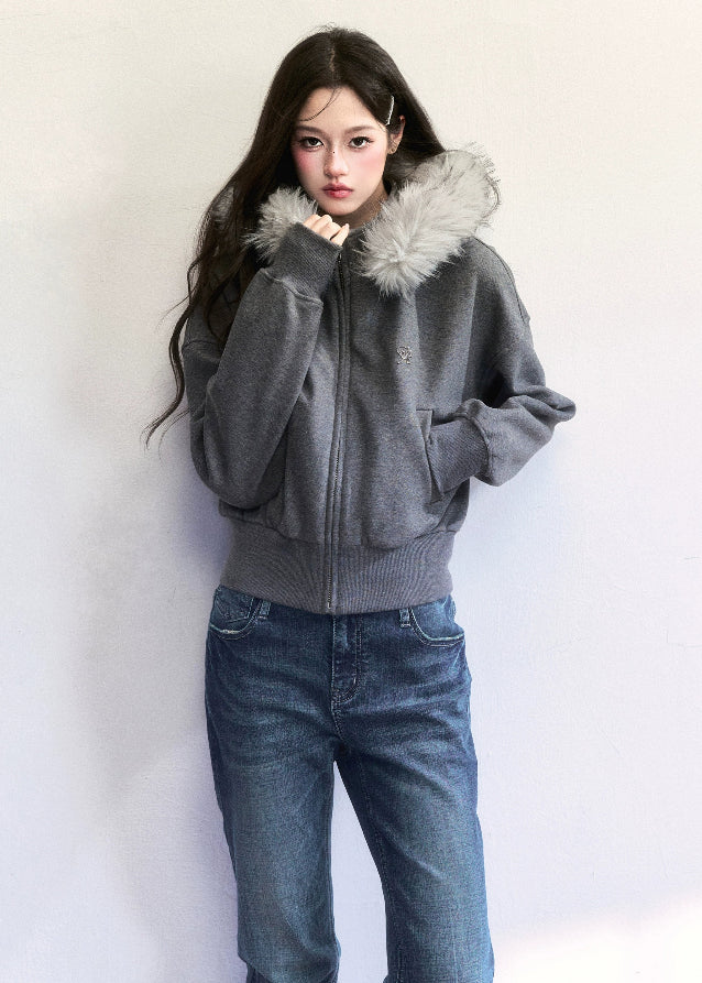 Fragile Heart fur collar hoodie, fluffy trim jacket, soft feminine winter hoodie, Korean girly zip-up coat, short cozy winter jacket, big fur collar sweatshirt, romantic warm hoodie, grey fluffy collar jacket, cute Korean outerwear, AW soft girl jackets, feminine winter hoodie coat