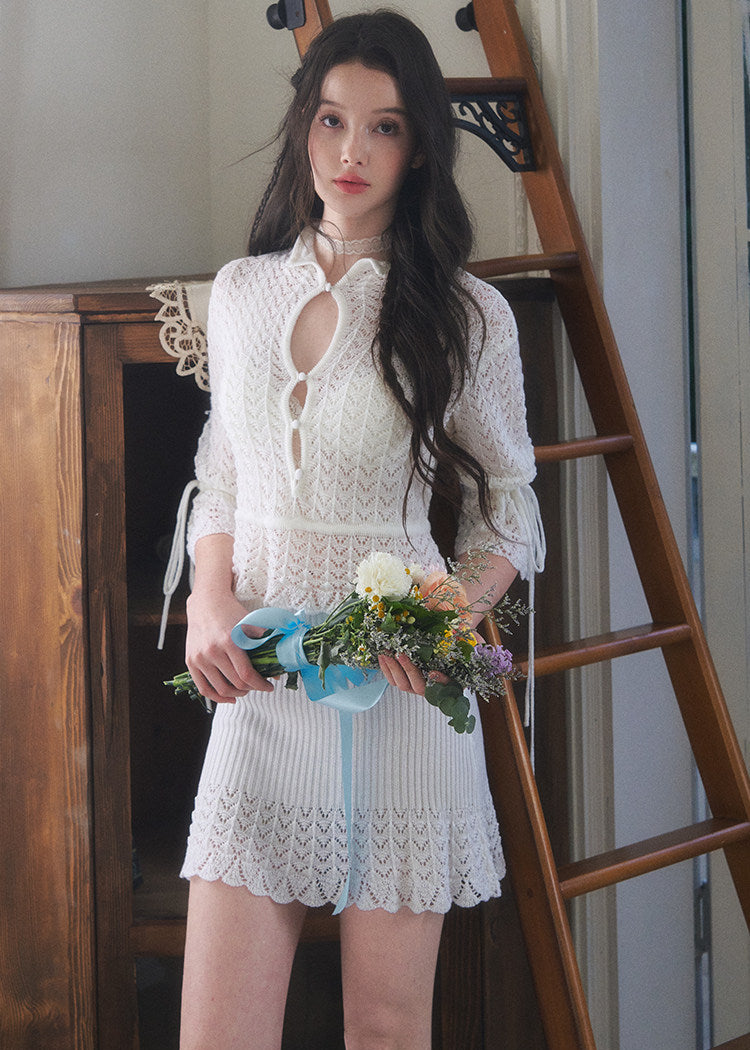 hollow knit top and skirt set, French knit skirt set, feminine Korean two piece set, cream knit mini skirt set, romantic knit outfit women, soft knit matching set, slim fit top and skirt set, elegant mini skirt set, dressy knit co-ord women, cute Korean skirt set, date outfit two piece set, soft cream knit set, fitted knit top women, feminine coordinated outfit, LaLuneDuCiel style clothing