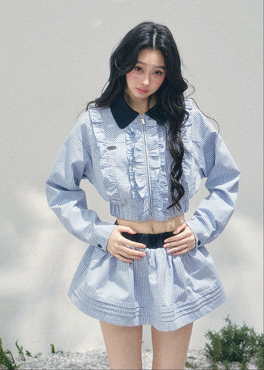 AOMALM collegiate two piece set, French romantic preppy outfit women, feminine ruffle shirt skirt set, Korean elegant spring twinset, quiet luxury romantic outfit, Parisian inspired collegiate fashion, delicate ruffle cropped shirt women, romantic Korean French aesthetic clothing, lightweight spring mini skirt set, refined feminine preppy outfit, soft luxury womenswear twinset, elegant British style two piece, luxury Korean designer inspired outfit