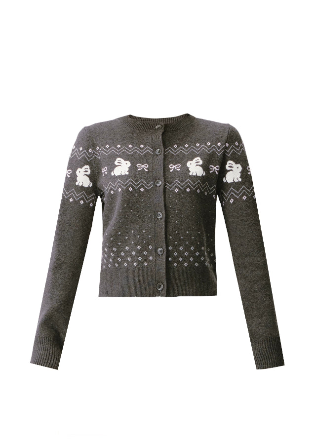 Fragileheart knit set, Fair Isle sweater outfit, winter Korean fashion, bunny pattern cardigan, luxury feminine knitwear, quiet luxury winter style, pastel noir aesthetic, elegant two-piece knit set, cozy winter outfit, K-fashion 2025, cute chic knit ensemble, rabbit motif sweater, romantic knit skirt look, soft feminine fashion
