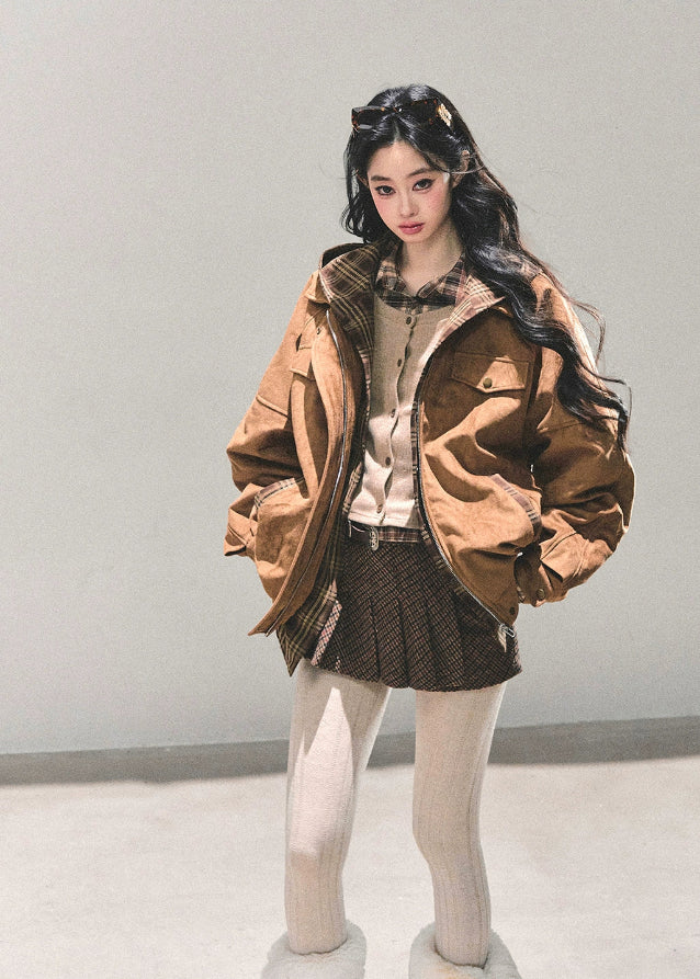 AOMALM jacket, Hepburn style coat, Korean winter jacket, plaid hood padding, feminine winter coat, padded jacket women, vintage plaid jacket, winter warm coat, hooded padded outerwear, Korean fashion 2025, soft padded jacket, cozy winter top, aesthetic winter outfit, dawn jacket, brown plaid coat, warm hooded jacket, Korean streetwear outerwear, stylish winter padding, warm feminine coat, A-line winter jacket