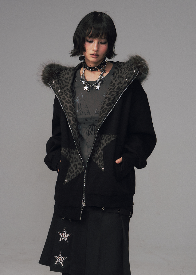 Frustration Garden hoodie, cat ear hoodie jacket, grunge fur hood sweatshirt, leopard star hoodie, edgy winter jacket women, punk fleece zip jacket, alternative streetwear coat, goth cat ear coat, oversized fur hood jacket