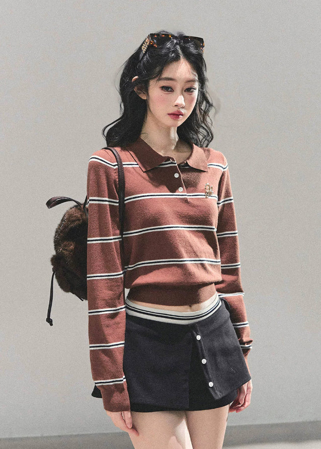striped knit top, cropped polo shirt, vintage striped sweater, Korean fashion knit, AOMALM polo top, fall knitwear women, slimming crop top, long sleeve polo, American retro knit, Korean style tops, autumn fashion women, preppy knit top, waist-slimming shirt, striped crop fashion, aesthetic polo top, soft knit sweater, cute Korean outfit, polo collar knit, trendy fall tops, slim fit long sleeve top.