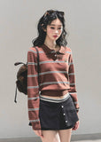 striped knit top, cropped polo shirt, vintage striped sweater, Korean fashion knit, AOMALM polo top, fall knitwear women, slimming crop top, long sleeve polo, American retro knit, Korean style tops, autumn fashion women, preppy knit top, waist-slimming shirt, striped crop fashion, aesthetic polo top, soft knit sweater, cute Korean outfit, polo collar knit, trendy fall tops, slim fit long sleeve top.
