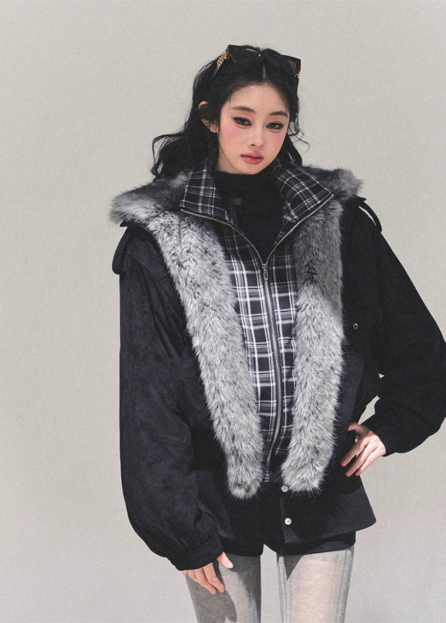 brown padded jacket women, faux two piece jacket, plaid layered coat, thickened winter jacket, american style cotton coat, fur trim autumn jacket, warm winter outerwear women, padded plaid jacket, korean vintage winter coat, fw25 fashion
