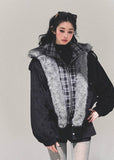 brown padded jacket women, faux two piece jacket, plaid layered coat, thickened winter jacket, american style cotton coat, fur trim autumn jacket, warm winter outerwear women, padded plaid jacket, korean vintage winter coat, fw25 fashion
