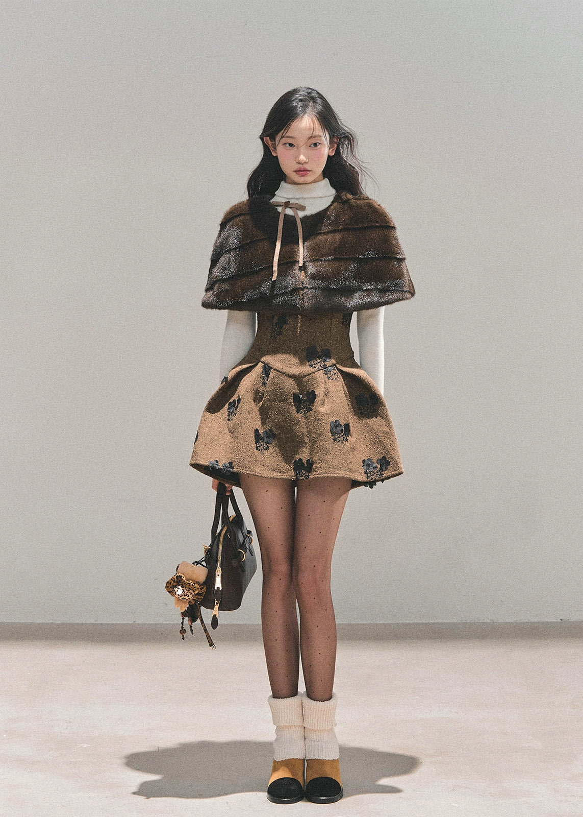 AOMALM dress, winter puffy dress, French style dress set, faux fur cape dress, embroidered winter dress, holiday outfit women, Korean fashion dress, A-line puffy skirt, winter date outfit, feminine winter dress, brown puffy dress, black puffy dress, elegant winter outfit, party dress winter women, two-piece dress set, romantic winter fashion, mohair cape dress, moss embroidery dress.