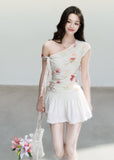 fragileheart set, floral mesh top, cross shoulder top, korean feminine set, summer flower outfit, printed mesh top, mini skirt set, soft girl summer outfit, korean summer fashion, floral two piece set, feminine vacation outfit, romantic mesh top