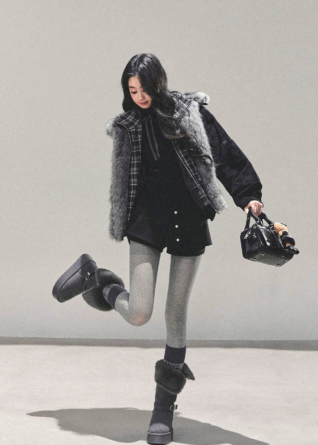 brown padded jacket women, faux two piece jacket, plaid layered coat, thickened winter jacket, american style cotton coat, fur trim autumn jacket, warm winter outerwear women, padded plaid jacket, korean vintage winter coat, fw25 fashion
