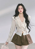 high end french blouse, lace ruffle top, v neck lace shirt, autumn korean fashion top, slimming ruffle blouse, elegant lace blouse women, korean romantic style shirt, vintage frill top women, chic feminine blouse, aesthetic korean outfit top