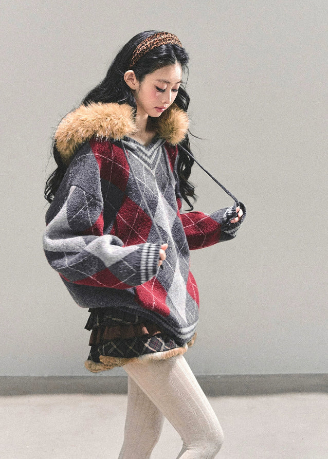 winter argyle sweater, Korean knit top, AOMALM sweater, women’s loose knit, autumn winter pullover, retro college sweater, oversized V-neck knit, diamond pattern sweater, warm winter top, Korean fashion 2025, preppy style sweater, soft knit pullover, cozy oversized sweater, streetwear knit top, feminine winter outfit, hot girl winter fashion, wool-like knit sweater, Korean argyle pullover, aesthetic winter top, cute winter sweaters for women