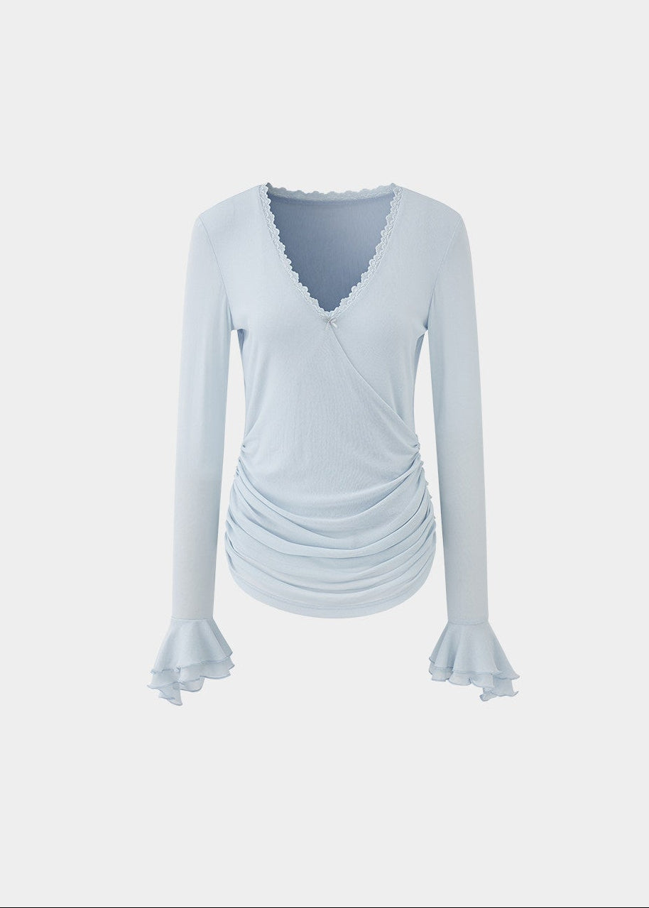 v neck lace top women, chiffon sleeve top, ruched long sleeve top, korean fashion top, feminine spring top, lightweight blouse women, soft drape top, elegant casual top, fitted long sleeve tee, breathable fabric top, aesthetic fashion blouse, parisian style clothing, modern feminine clothing, chic everyday top, delicate lace detail top, versatile spring outfit, slim fit blouse women, flowy sleeve top, refined casual wear, soft luxury top