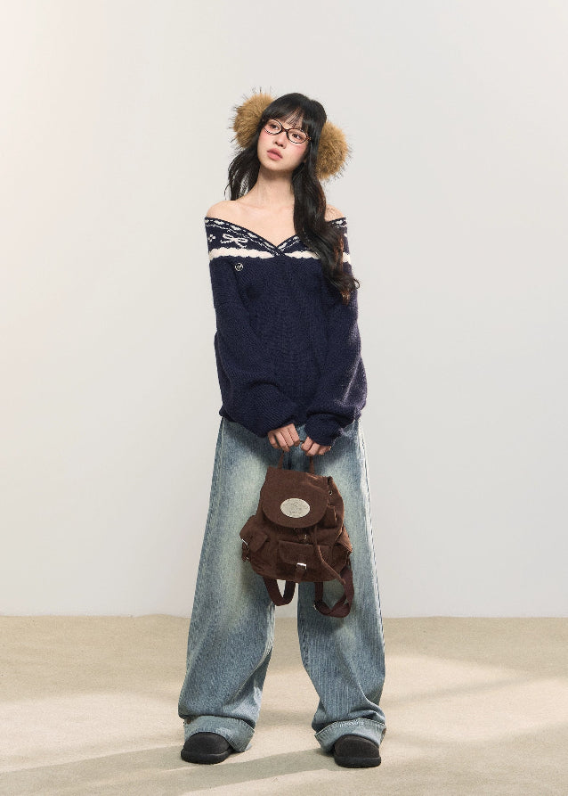 fair isle jacquard sweater, dual neckline knit top, off shoulder knit sweater, Korean girly knit, AW cozy pullover, umoumo soft knit, fair isle winter knitwear, feminine Korean sweater, v-neck jacquard knit, slouchy cute knit top, navy fair isle sweater, yellow winter knit, girly warm sweater, versatile neckline knit, Fragileheart aesthetic, cozy street girl look, soft winter knit fashion, Korean cute off shoulder style