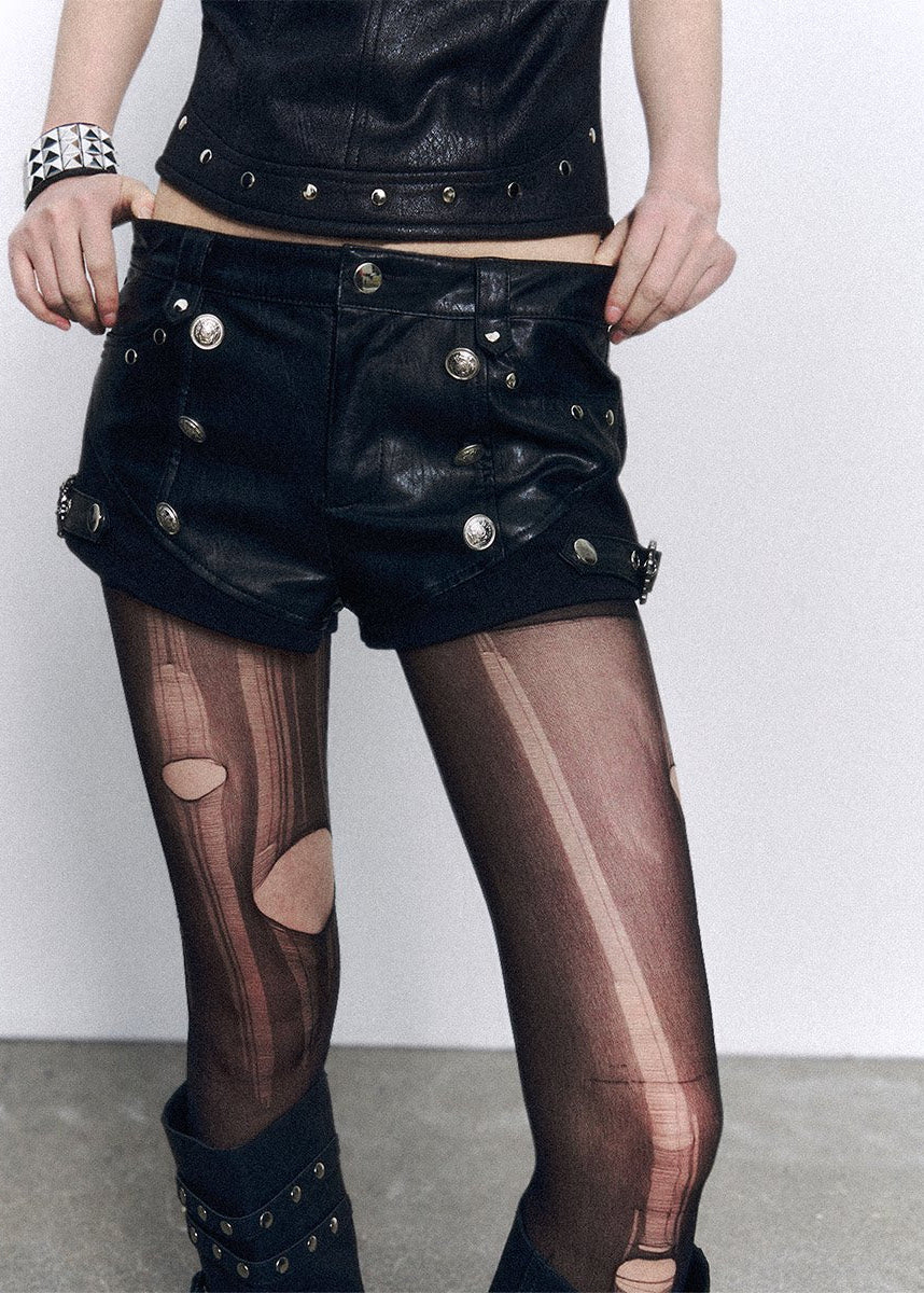 leather shorts women, low rise shorts women, punk shorts women, grunge outfit women, edgy outfit women, street style shorts, punk style clothing, y2k edgy outfit, alternative fashion women, black leather shorts, mini shorts women, urban streetwear women, statement shorts women, fitted leather shorts, rebellious fashion outfit, underground fashion women, dark aesthetic outfit, edgy streetwear women, patchwork shorts women, modern punk fashion