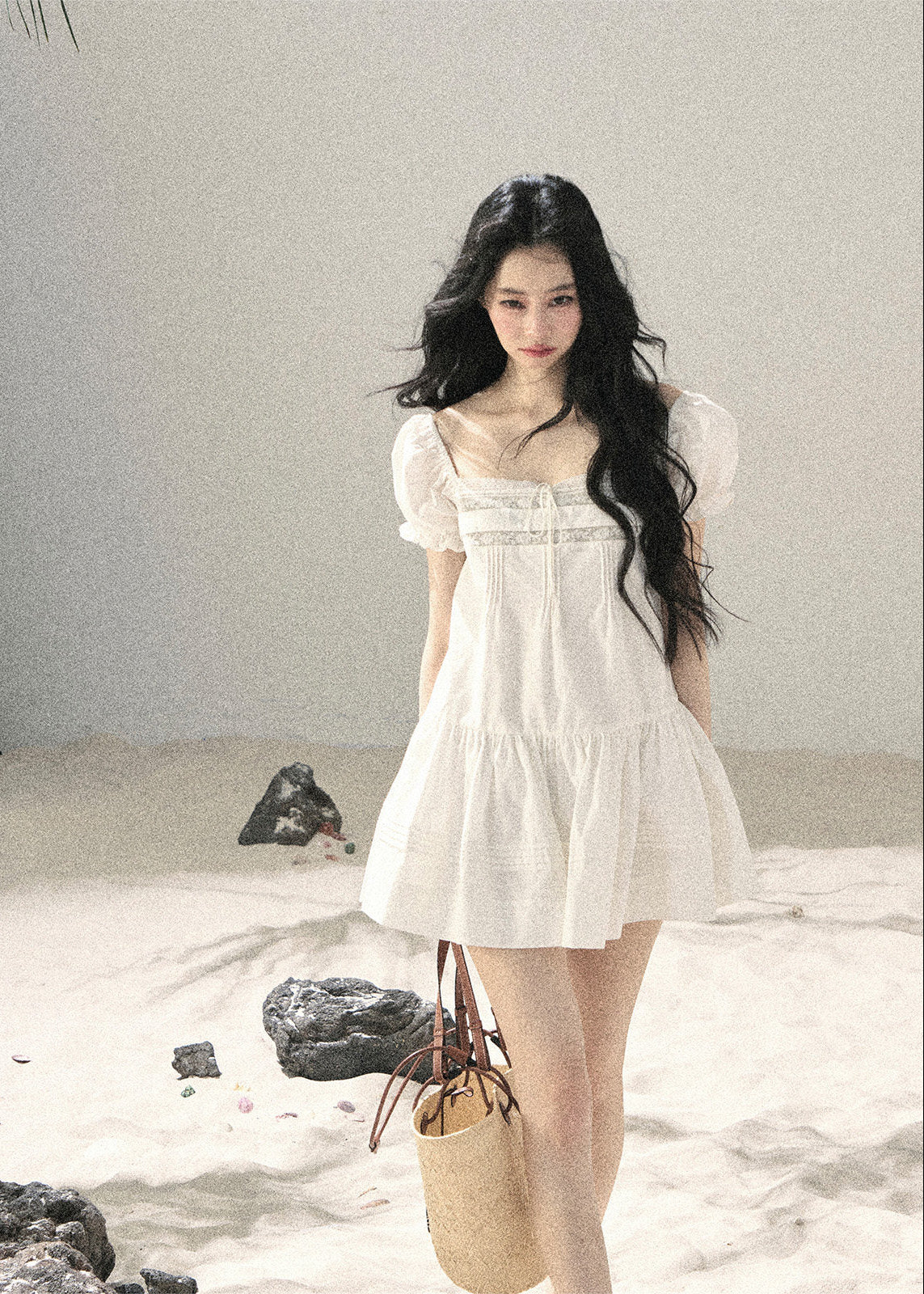 Romantic white mini dress with lace-trim detail
