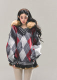 winter argyle sweater, Korean knit top, AOMALM sweater, women’s loose knit, autumn winter pullover, retro college sweater, oversized V-neck knit, diamond pattern sweater, warm winter top, Korean fashion 2025, preppy style sweater, soft knit pullover, cozy oversized sweater, streetwear knit top, feminine winter outfit, hot girl winter fashion, wool-like knit sweater, Korean argyle pullover, aesthetic winter top, cute winter sweaters for women