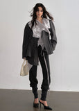JNYLON asymmetric gray blazer women, Korean stylish tailored jacket, modern Korean fashion blazer, chic striped silhouette blazer, trendy Korean street chic outerwear, oversized gray blazer Korean style, urban fashion layering jacket women, stylish asymmetric tailored coat, minimalist Korean fashion blazer women, contemporary Korean blazer outfit