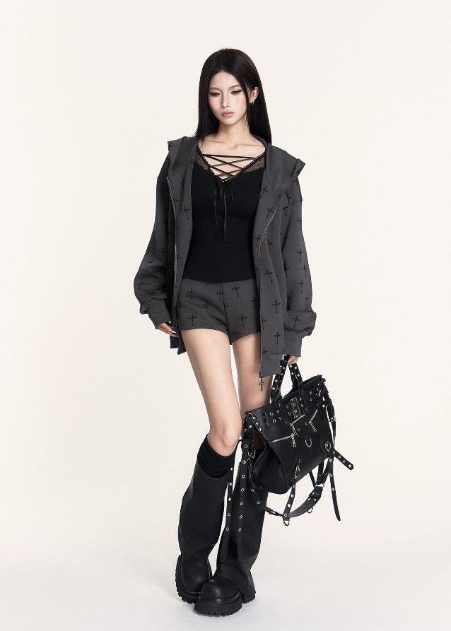 gothic hoodie set, cross print two piece outfit, VOCK streetwear set, dark casual sports set, oversized hoodie and shorts, lazy hot girl street style, gothic print hoodie, punk wide leg shorts set, dark street fashion, unisex dark hoodie set, VOCK aesthetic outfit, casual goth twinset, streetcore sporty set, grunge hoodie and shorts, black printed hoodie girl, edgy comfy streetwear, gothic casual outfit set