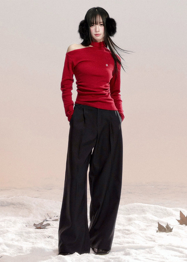 Fragile Heart off shoulder knit, red one shoulder top, Korean romantic sweater, feminine slanted shoulder knitwear, soft cotton knit top, gentle girly red sweater, trendy off-shoulder knit blouse, elegant Korean knitwear, winter romantic knit top, scarlet feminine top, AW Korean pretty girl style