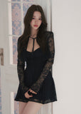 lace cardigan set, black mini dress set, lace sleeve dress, waist cinching dress set, feminine Korean dress, romantic black outfit, elegant two piece dress set, sheer lace cardigan, date night mini dress, fitted strap dress, soft goth feminine dress, summer black dress set, delicate lace outfit, party mini dress women, Korean feminine style