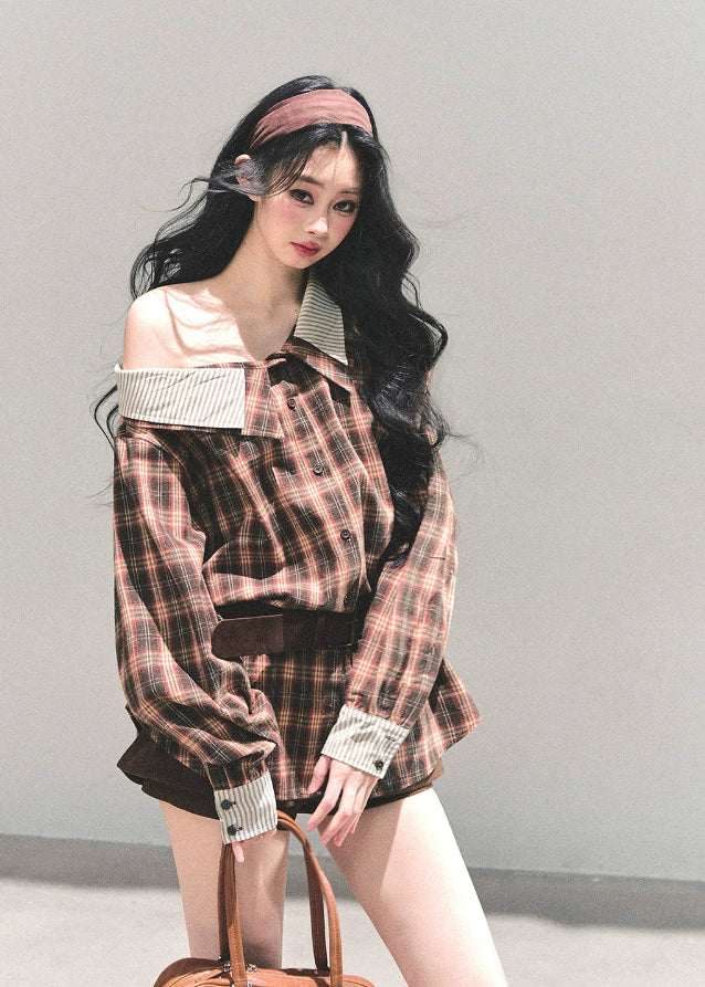 off shoulder plaid shirt, korean style plaid top, autumn winter plaid jacket, asymmetry neckline top, AOMALM plaid shirt women, street style plaid blouse, off shoulder check shirt jacket, korean fashion tops 2025, casual commuter shirt women, oversized plaid top, fall winter layering shirt, trendy checkered blouse womens, soft plaid jacket korean, chic off shoulder outerwear, brown plaid shirt jacket women