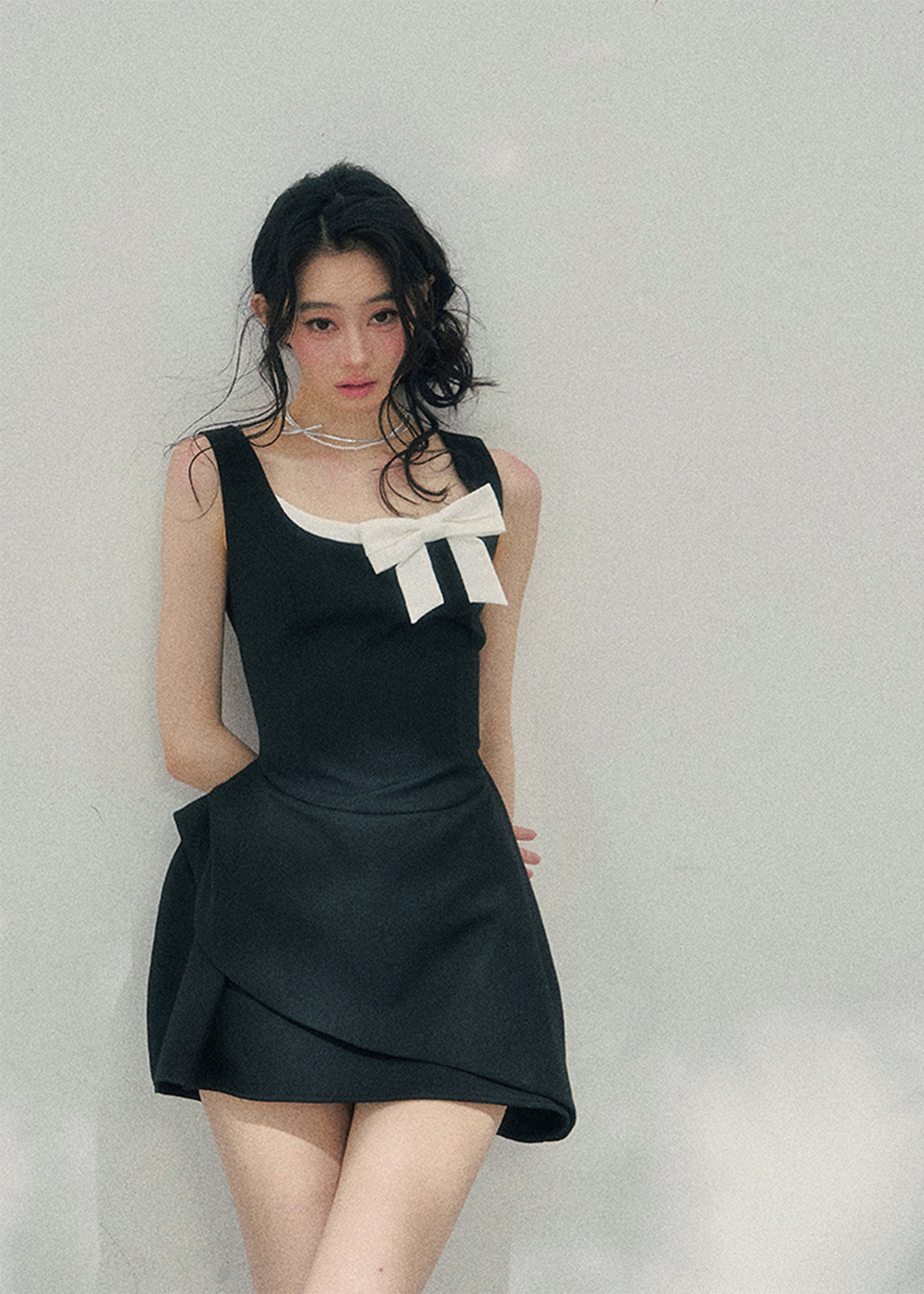 aomalm dress, french mini dress, contrast bow dress, sleeveless mini dress, korean feminine dress, fit and flare dress, black mini dress women, romantic spring dress, elegant short dress, korean style dress, feminine party dress, chic day dress