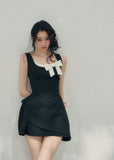 aomalm dress, french mini dress, contrast bow dress, sleeveless mini dress, korean feminine dress, fit and flare dress, black mini dress women, romantic spring dress, elegant short dress, korean style dress, feminine party dress, chic day dress