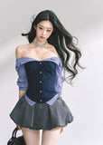 off shoulder corset top, fake two piece top, women’s bustier shirt, korean off shoulder blouse, korean american fashion top, summer corset blouse, slimming waist top, plaid corset shirt, girl group style top, kpop inspired top, trendy streetwear women, off shoulder long sleeve top, sculpted waist blouse, sexy summer top women, stylish two tone top
