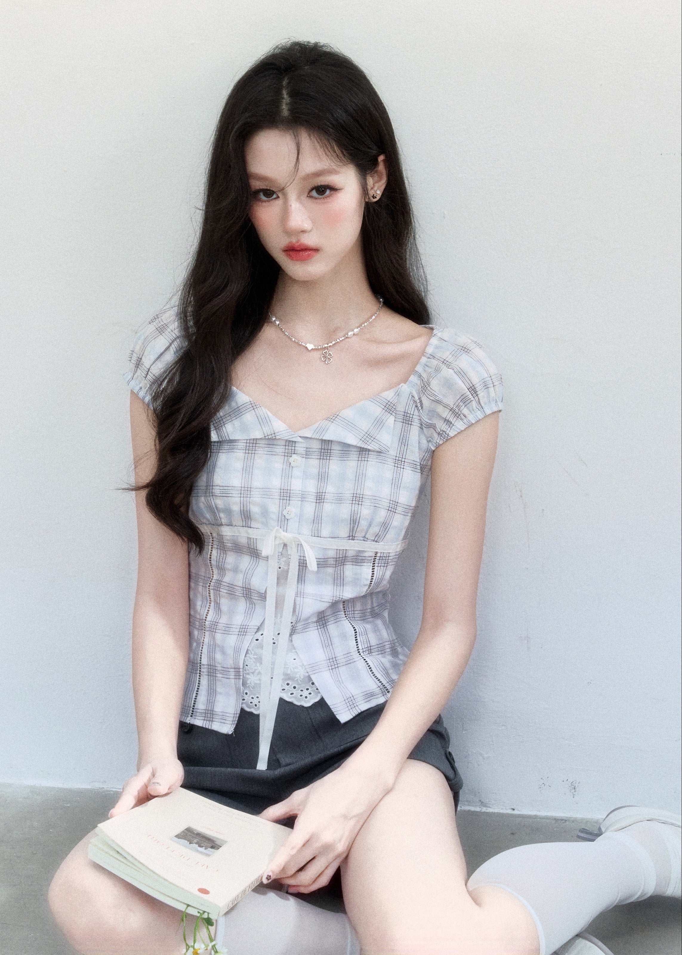 fragileheart top, blue plaid top, korean plaid blouse, academy style top, lace patchwork top, feminine summer top, tie front plaid top, cotton plaid blouse, korean fashion top, slim fit summer blouse, cute plaid top, preppy korean top