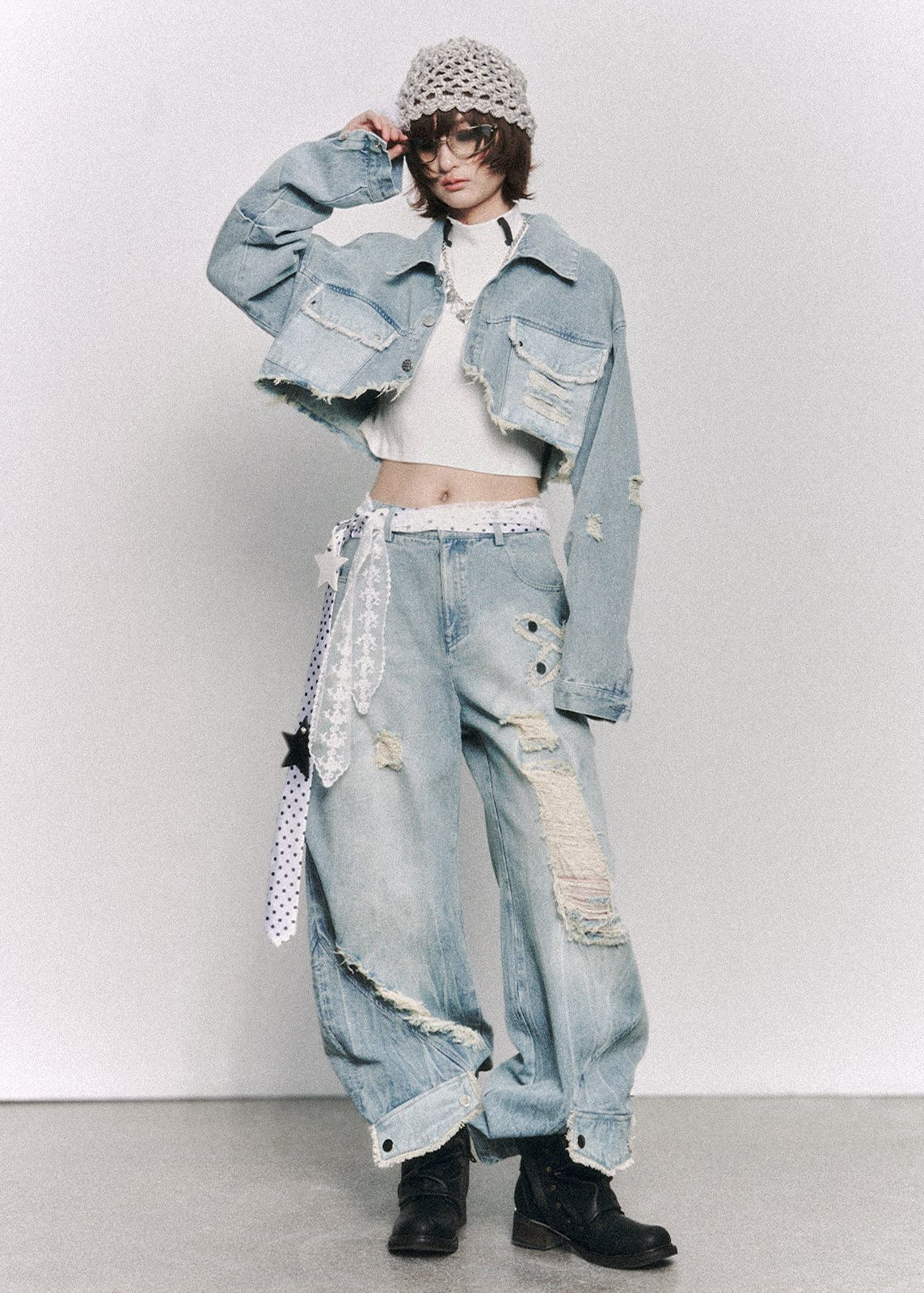 cropped denim jacket women, distressed denim jacket, grunge outfit women, edgy outfit women, street style jacket, punk style clothing, y2k edgy outfit, alternative fashion women, cropped jean jacket, raw edge denim jacket, urban streetwear women, vintage washed jacket, short denim jacket women, rebellious fashion outfit, underground fashion women, statement denim jacket, casual street outfit, modern grunge style, edgy streetwear women, distressed cropped jacket