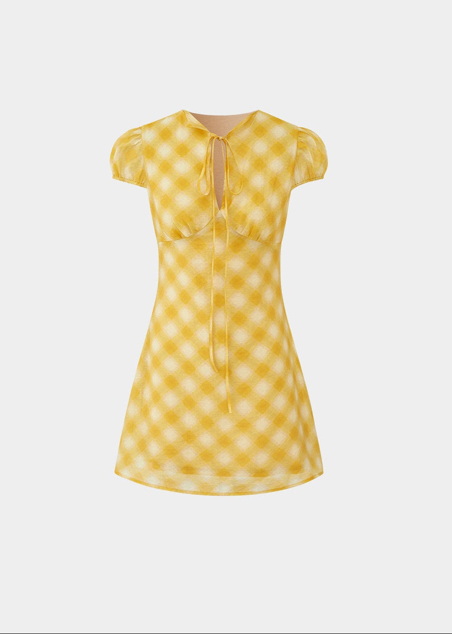 checkered tea dress, vintage summer dress, yellow midi dress, korean fashion dress, resort style dress, picnic dress women, french vintage dress, feminine summer outfit, lightweight cotton dress, flattering waist dress, casual romantic dress, aesthetic fashion dress, parisian style clothing, soft girl summer dress, breathable summer dress, elegant casual wear, modern feminine clothing, vacation outfit dress, chic everyday dress, warm tone dress