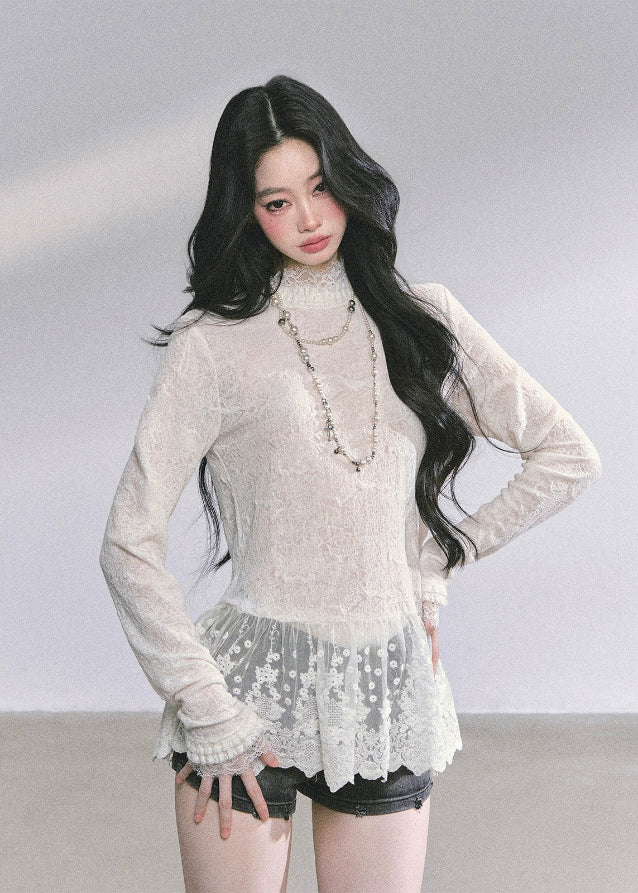 lace high neck top, ivory lace blouse, sheer lace peplum shirt, Korean lace aesthetic, French lace top, slim fit lace tee, hollow lace long sleeve, feminine lace blouse, elegant lace top women, autumn lace shirt, romantic lace fashion, soft girl lace top, Korean preppy lace style, delicate lace clothing, lace layering top
