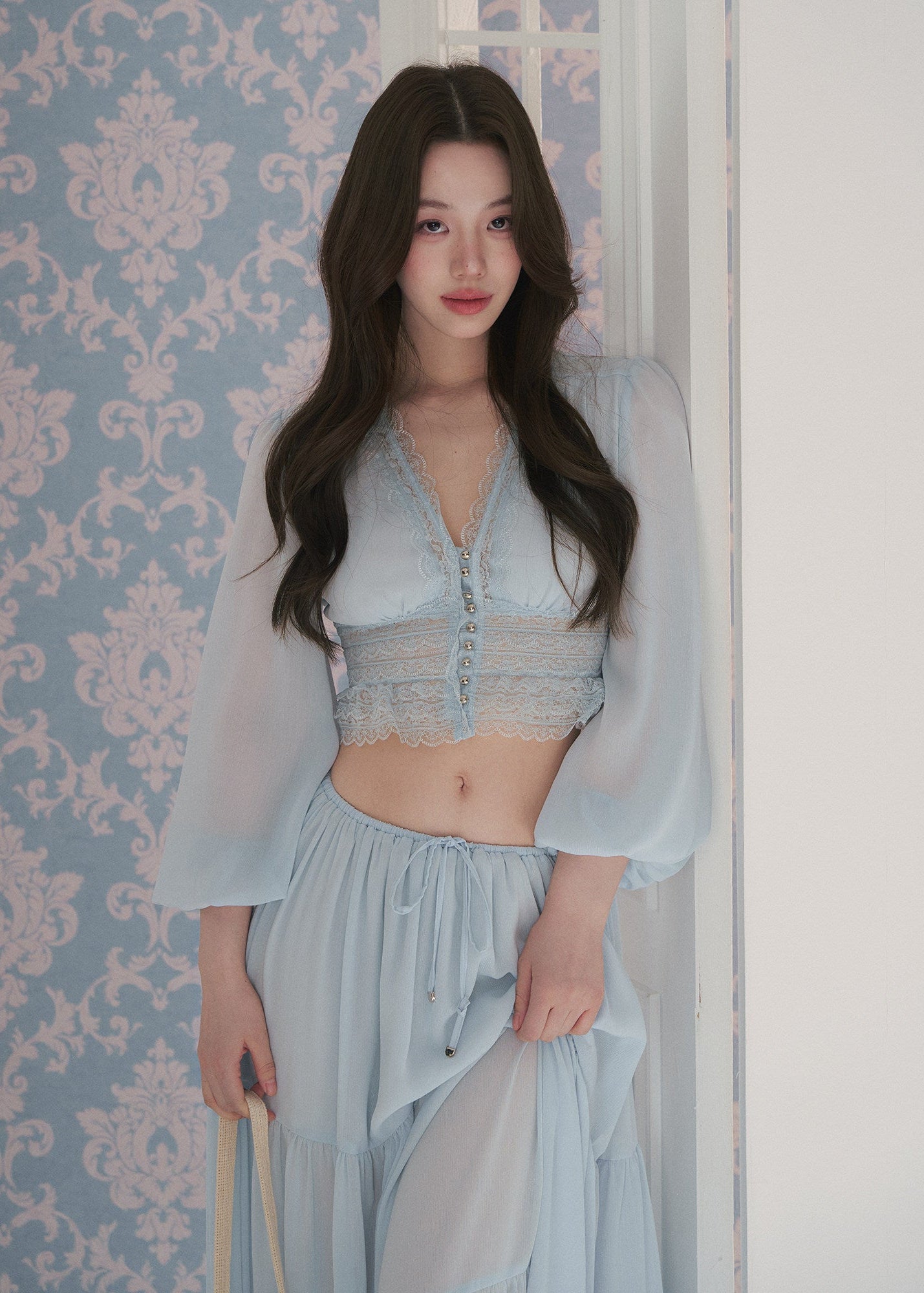 chiffon lace top, puff sleeve blouse, v neck summer top, Korean feminine top, French resort blouse, lace trim top, waist slimming blouse, cropped chiffon top, romantic summer blouse, beach vacation top, sunbathing style top, feminine Korean fashion, lightweight chiffon blouse, resort wear top, summer lace shirt