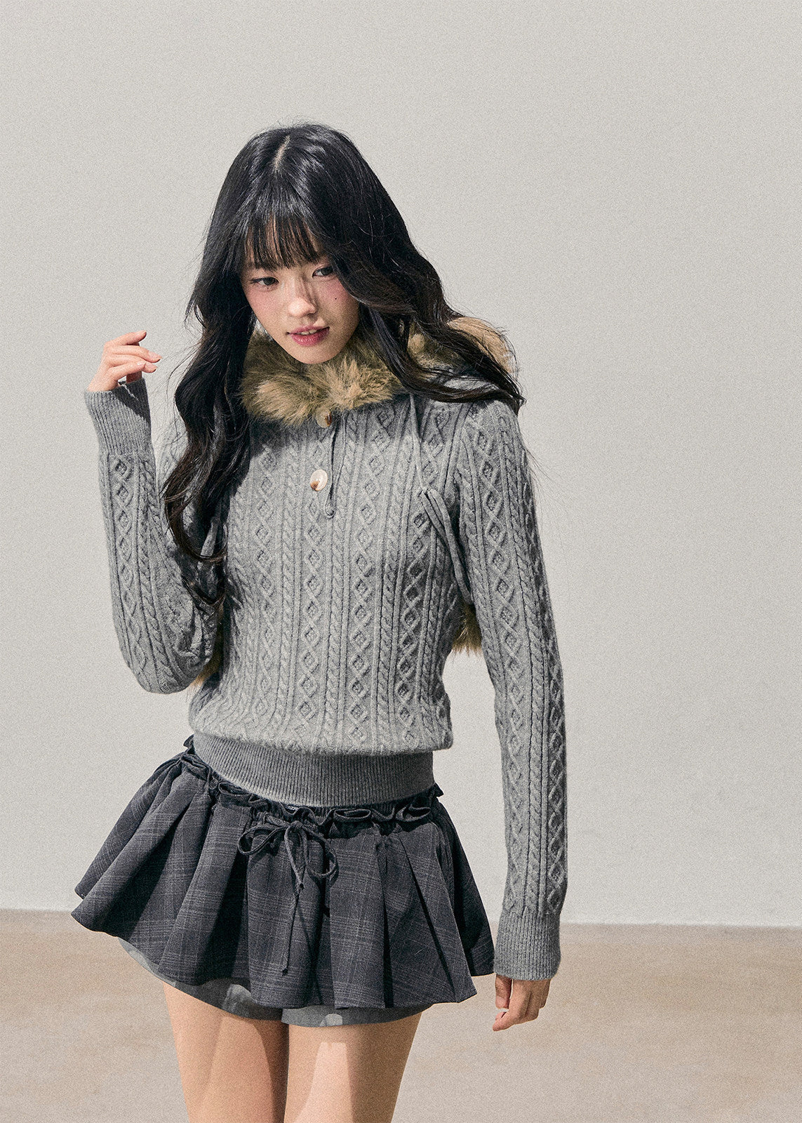 AOMALM knit sweater, Korean hooded sweater, winter cable knit top, plush hood knit, cropped winter sweater, feminine Korean style top, faux fur hood sweater, soft winter knitwear, cozy cable sweater women, Korean winter fashion, cropped knit hoodie, warm knit top women, soft girl winter sweater, aesthetic Korean knit, winter layering sweater, feminine hooded knit