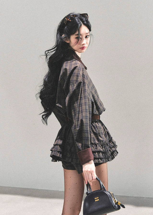 sunset trajectory dress, AOMALM plaid dress, Korean winter dress, polo collar mini dress, plaid shirt dress women, retro check dress, Korean girl outfit winter, slimming mini dress, A-line plaid dress, winter cute mini dress, American retro plaid style, feminine Korean fashion, soft plaid shirt dress, long sleeve winter mini, trendy plaid mini dress, autumn outfit women, winter girly dress, AOMALM clothing, K-fashion plaid dress