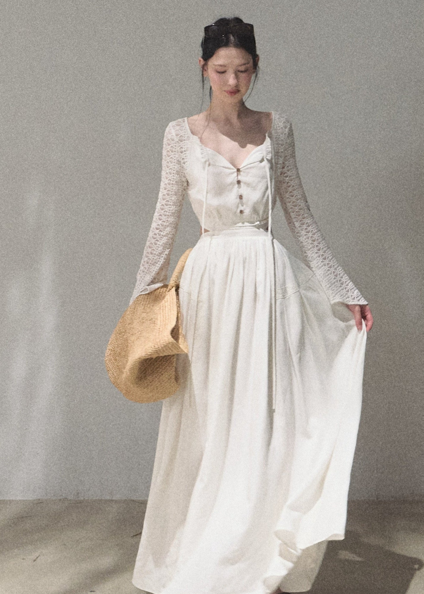 oakmoo dress, resort maxi dress, cut out waist dress, lyocell linen dress, lace sleeve maxi dress, elegant summer dress, feminine resort dress, ivory maxi dress, romantic vacation dress, long sleeve summer dress, refined resort outfit, french inspired dress