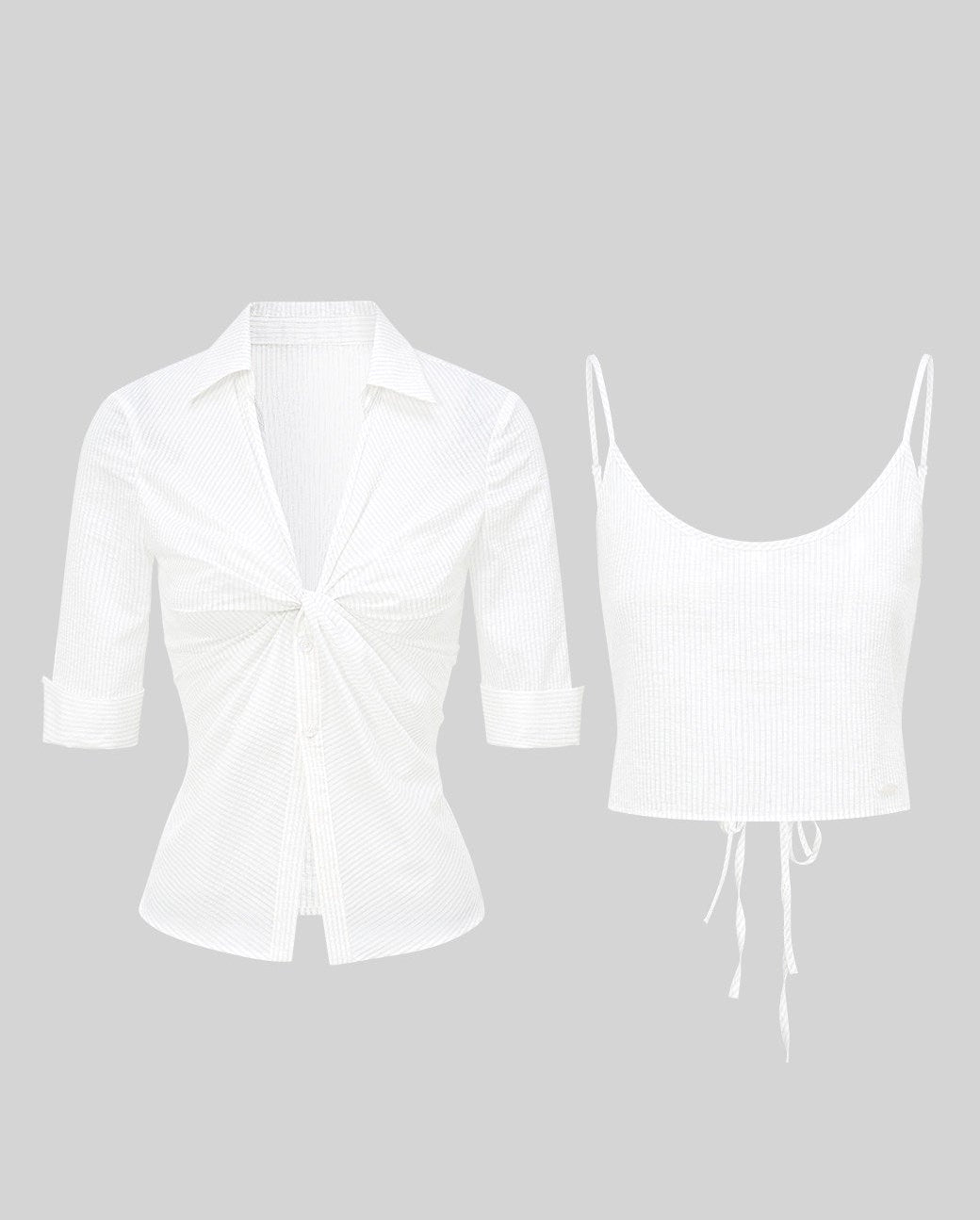 sheer shirt set, camisole shirt set, Korean feminine top, French sheer top, white layered top, striped sheer blouse, two piece summer top, collared sheer shirt, camisole strap top, pure desire top, feminine Korean fashion, lightweight cotton blend top, summer layering blouse, soft white blouse set, vacation outfit top