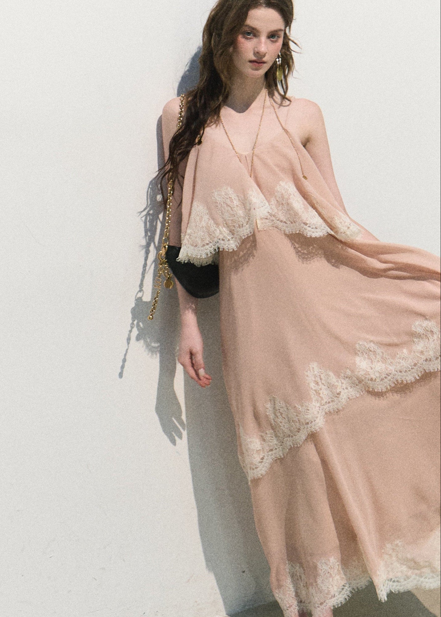 oakmoo dress, pink chiffon maxi dress, lace trim dress, off shoulder resort dress, feminine summer maxi dress, romantic vacation dress, seaside chiffon dress, elegant pink long dress, lace resort dress, soft occasion dress