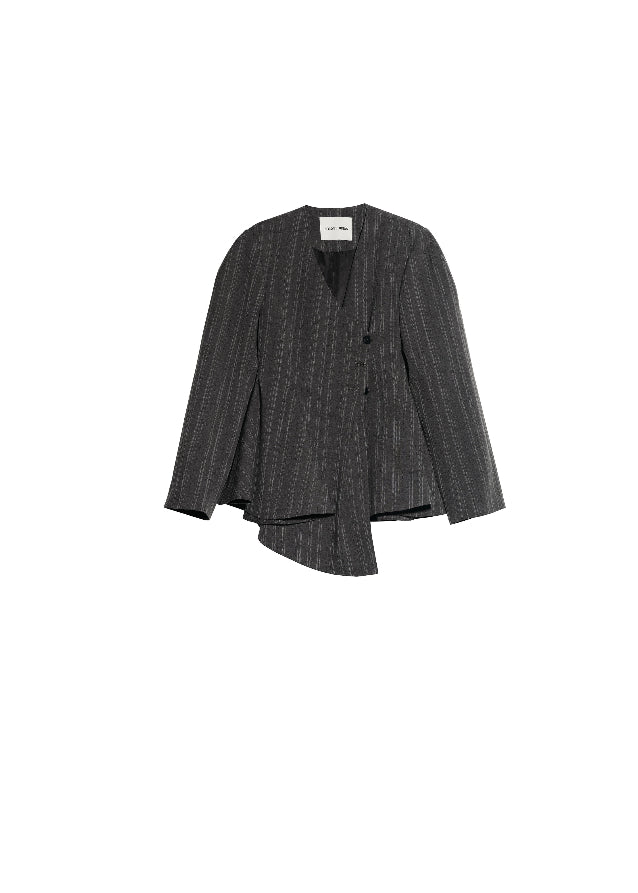 JNYLON asymmetric gray blazer women, Korean stylish tailored jacket, modern Korean fashion blazer, chic striped silhouette blazer, trendy Korean street chic outerwear, oversized gray blazer Korean style, urban fashion layering jacket women, stylish asymmetric tailored coat, minimalist Korean fashion blazer women, contemporary Korean blazer outfit